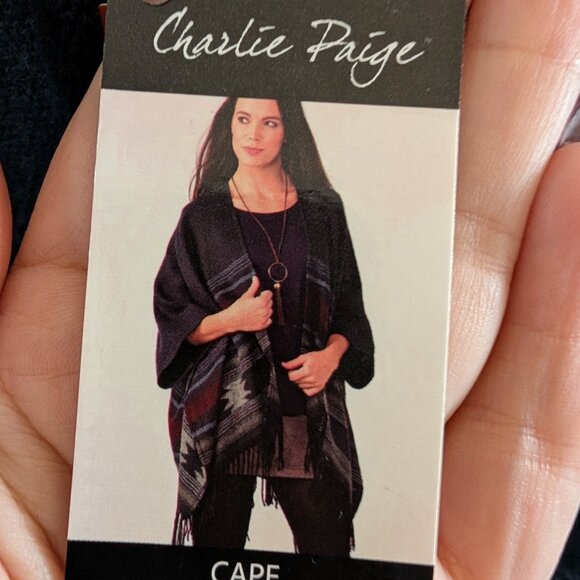 Charlie Paige Cape NWT Navy Fringe Cozy Woven Wrap One Size Southwestern Aztec - Picture 5 of 12